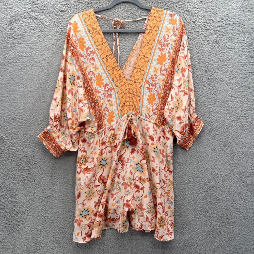 Nomad boho Romper Floral Print V Neck Drawstring Waist Flowy Summer‎ hippie Chic